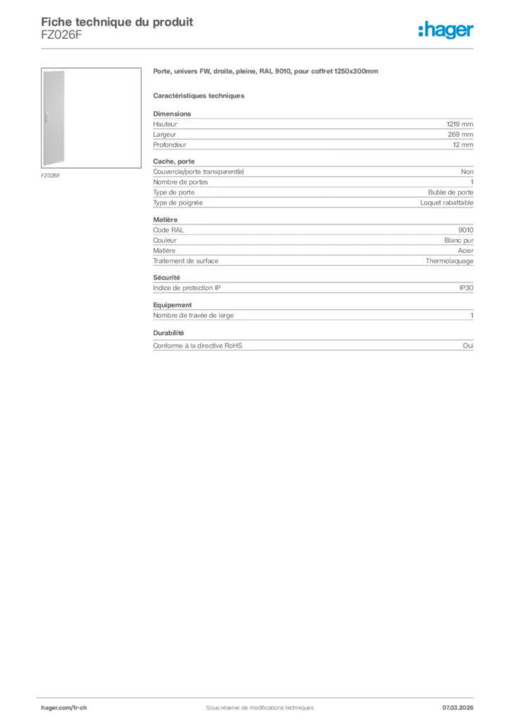 Image Hager Fiche technique du produit FZ026F | Hager Suisse