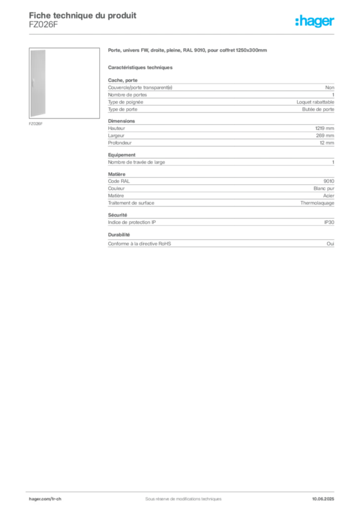 Image Hager Fiche technique du produit FZ026F | Hager Suisse