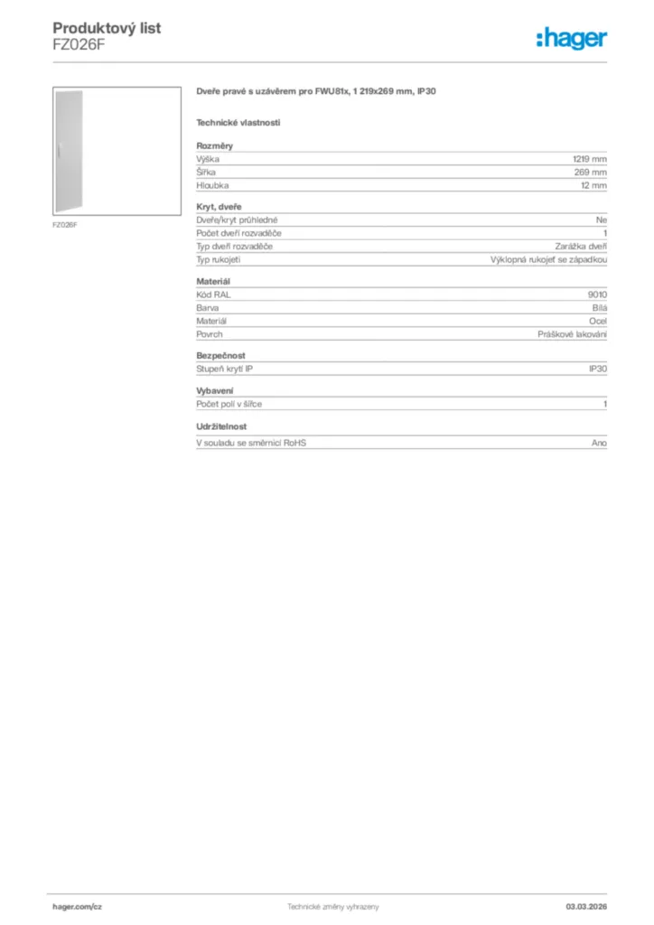 Obrázek Hager Product data sheet FZ026F | Hager