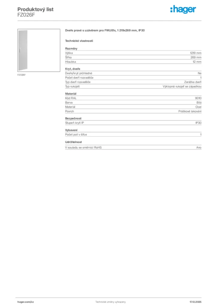 Obrázek Hager Produktový list FZ026F | Hager