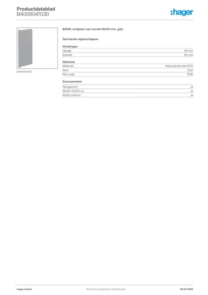 Afbeelding Hager Productdatablad B4008047030 | Hager Nederland