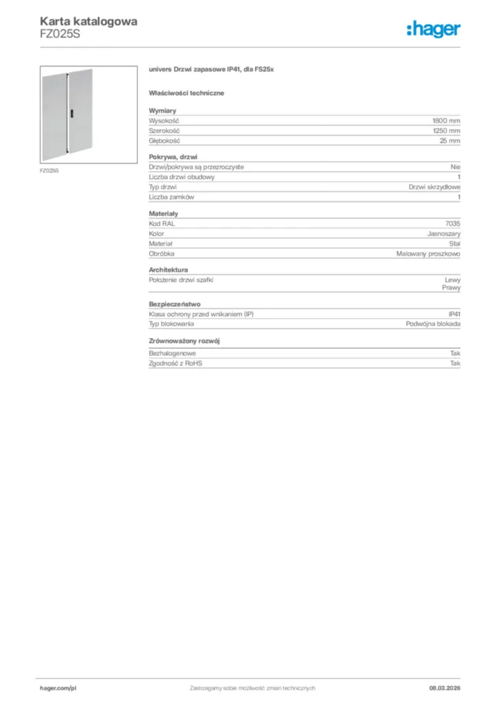 Zdjęcie Hager Karta katalogowa FZ025S | Hager Polska