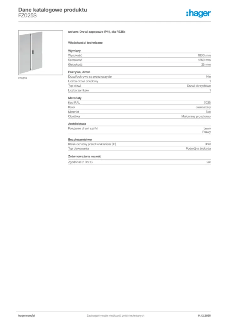 Zdjęcie Hager Karta katalogowa FZ025S | Hager Polska