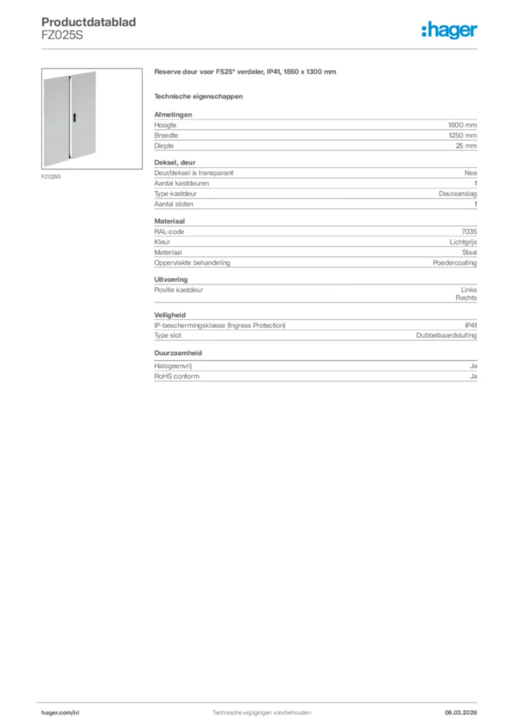 Afbeelding Hager Productdatablad FZ025S | Hager Nederland