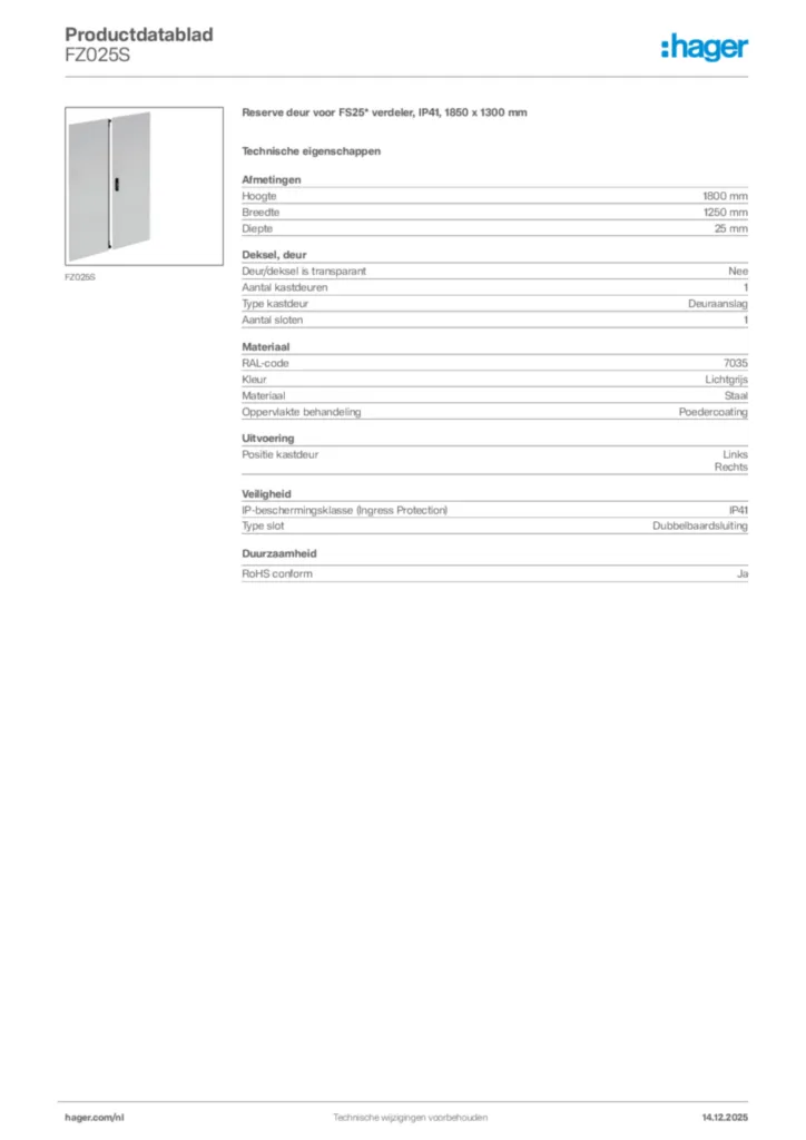 Afbeelding Hager Productdatablad FZ025S | Hager Nederland