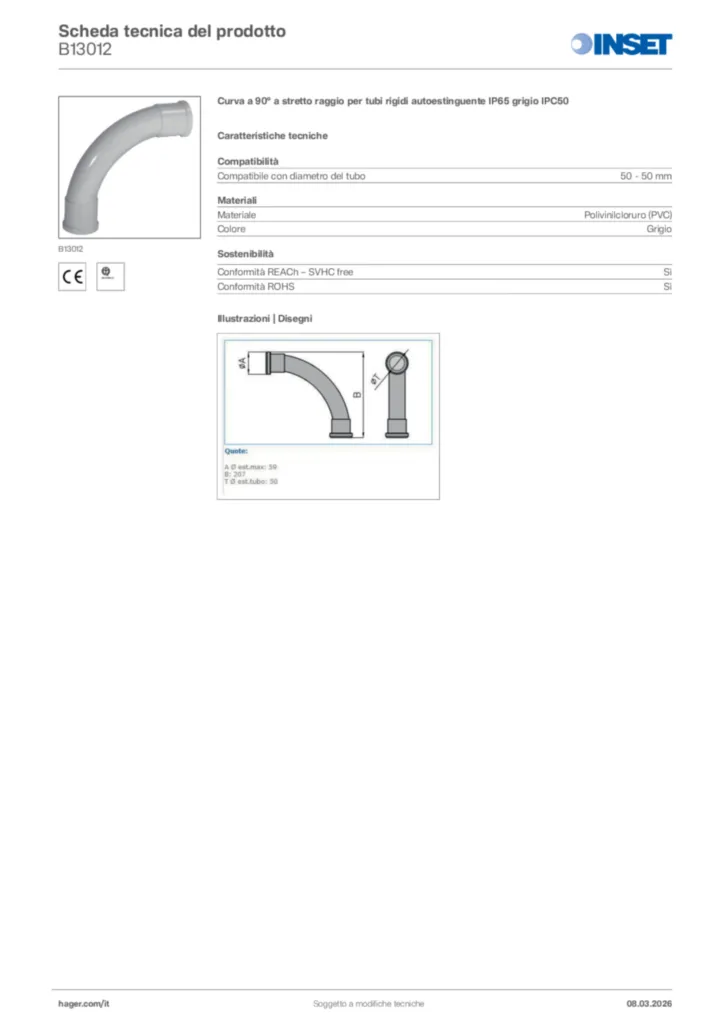 Immagine Inset Scheda tecnica del prodotto B13012 | Hager Italia