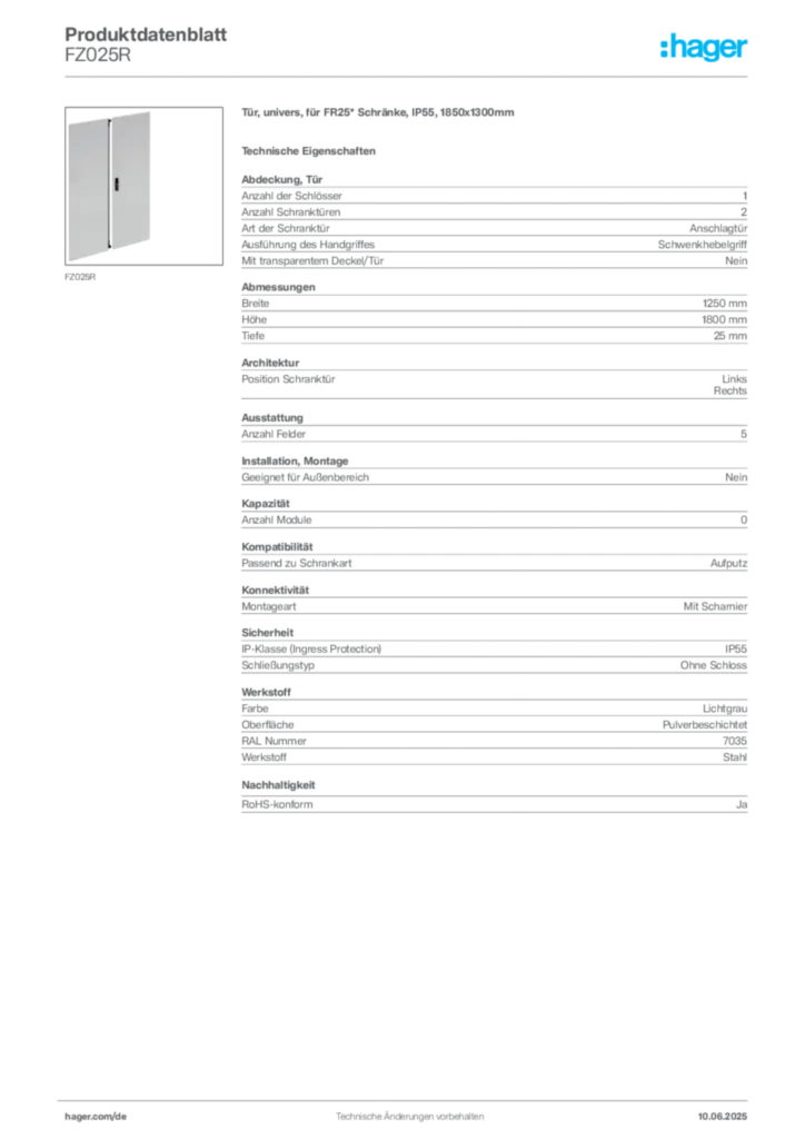 Hager Produktdatenblatt FZ025R