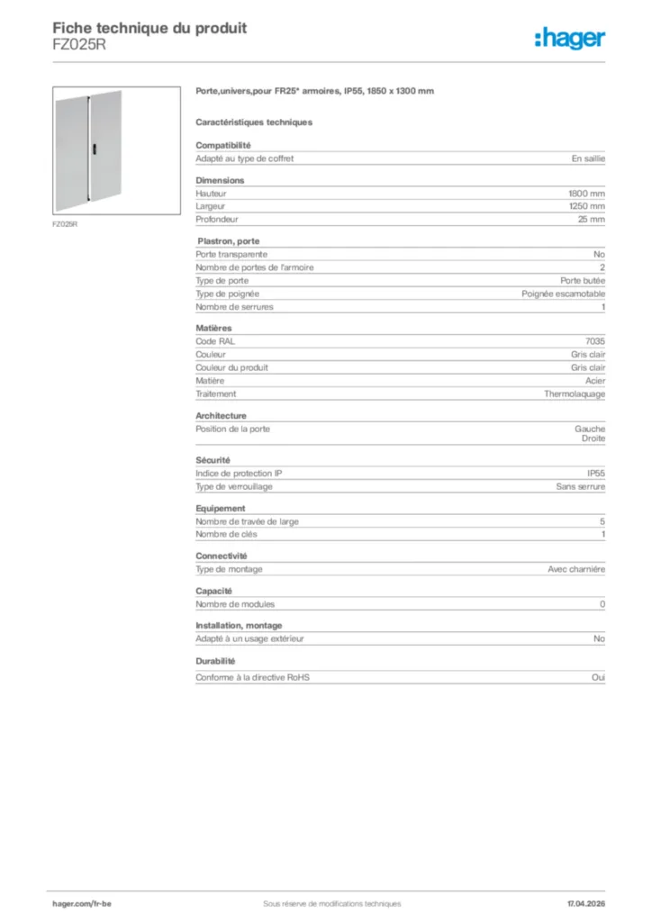 Image Hager Fiche technique du produit FZ025R | Hager Belgique