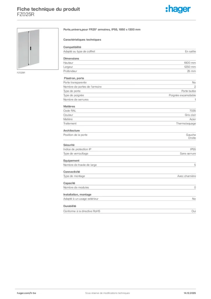 Image Hager Fiche technique du produit FZ025R | Hager Belgique