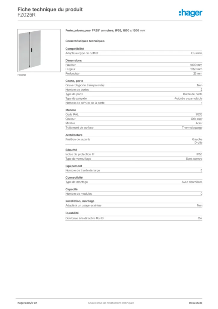 Image Hager Fiche technique du produit FZ025R | Hager Suisse