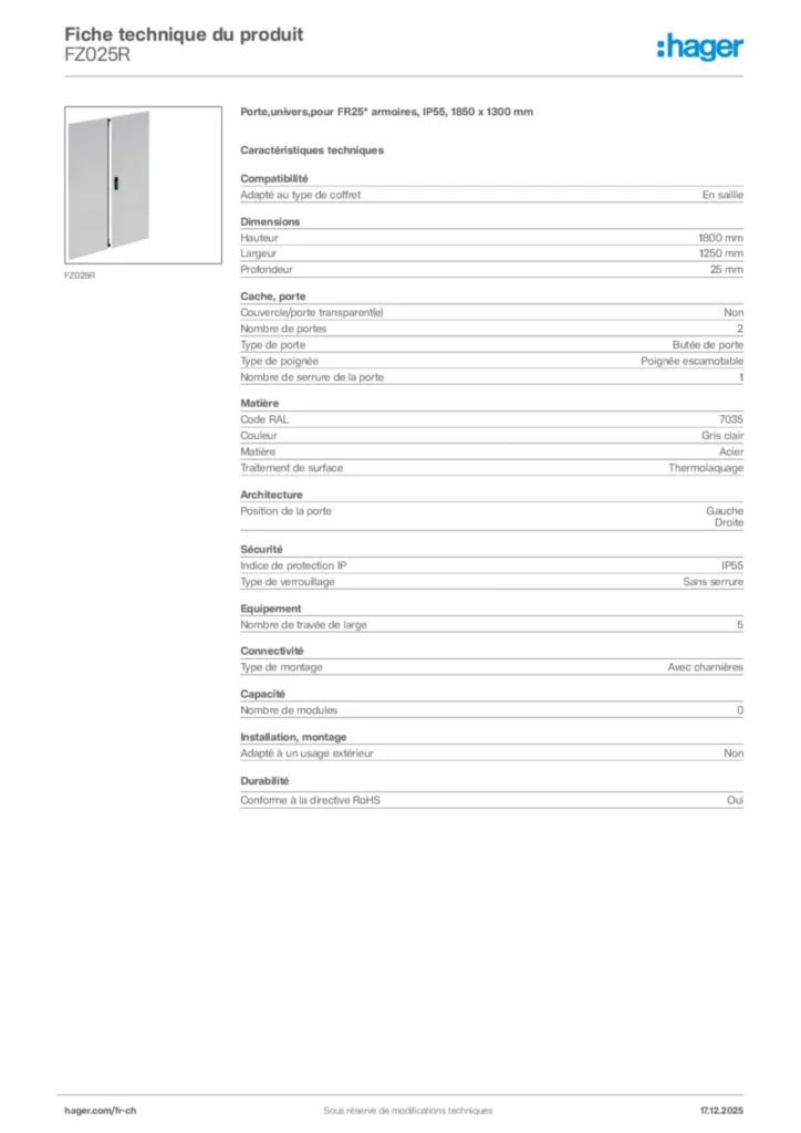 Image Hager Fiche technique du produit FZ025R | Hager Suisse