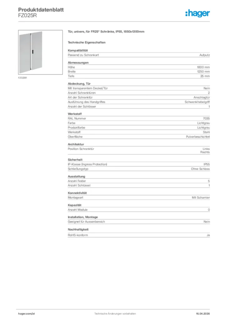 Bild Hager Produktdatenblatt FZ025R | Hager Deutschland