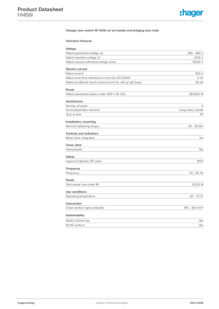 Image Hager Product data sheet HI456I  | Hager