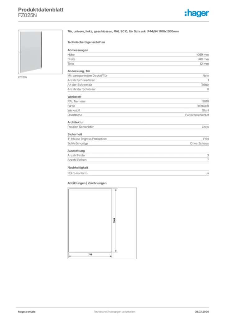 Bild Hager Produktdatenblatt FZ025N | Hager Deutschland