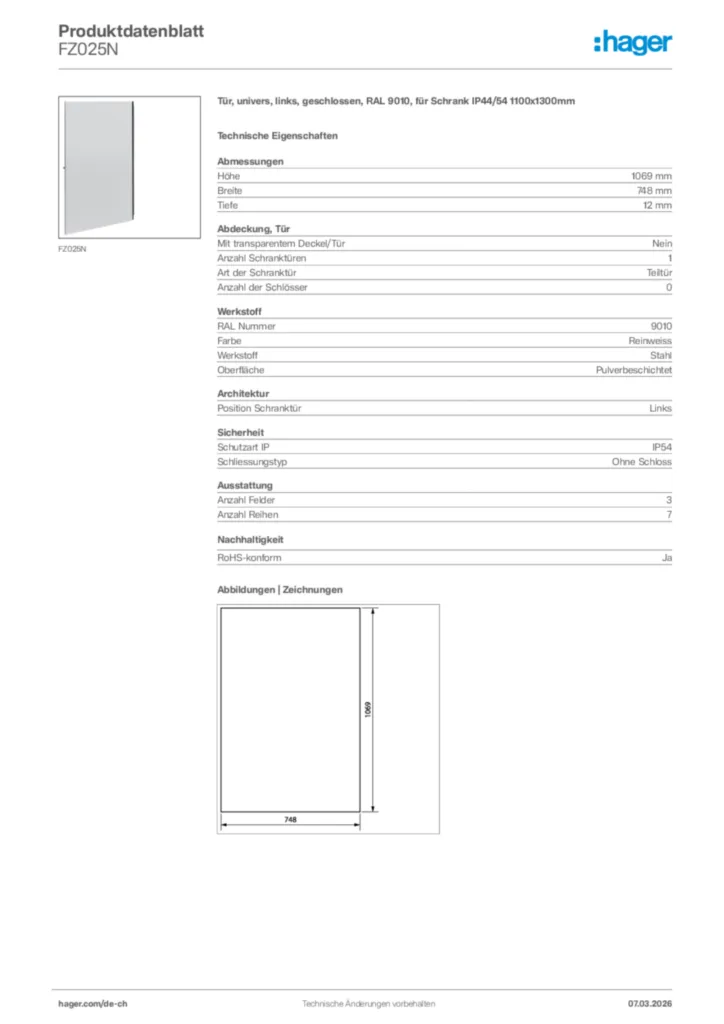 Bild Hager Produktdatenblatt FZ025N | Hager Schweiz