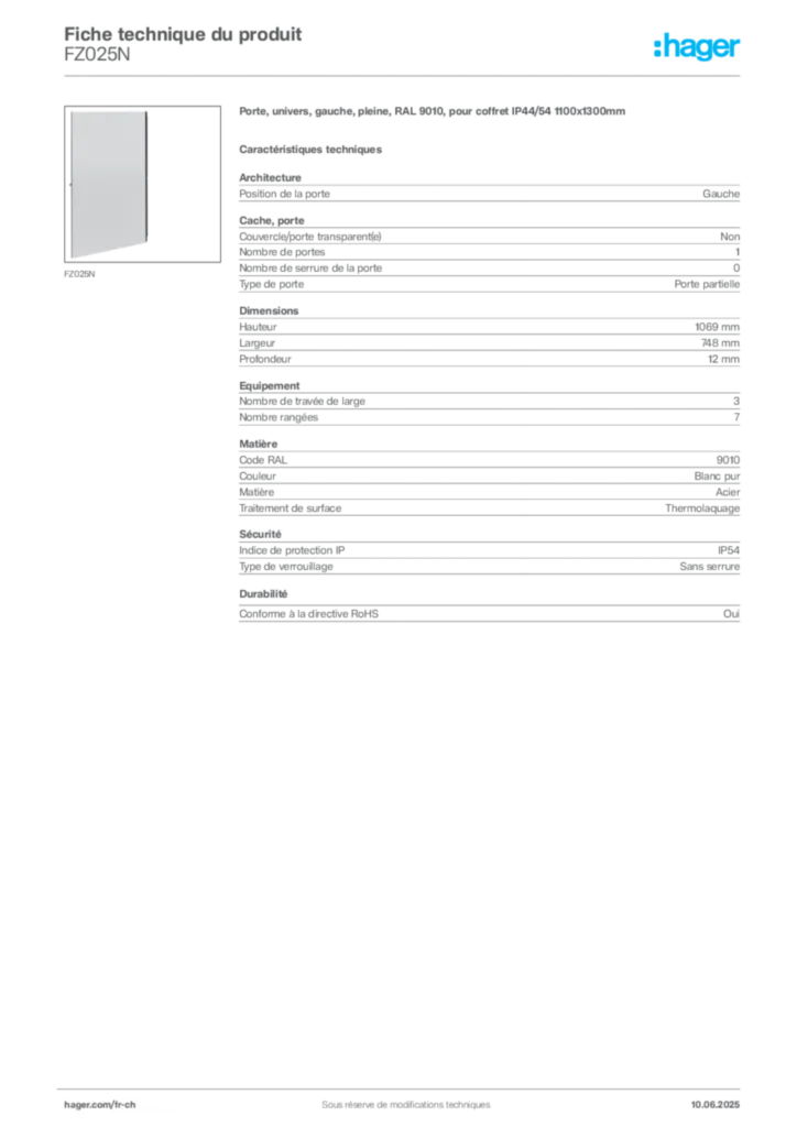 Image Hager Fiche technique du produit FZ025N | Hager Suisse
