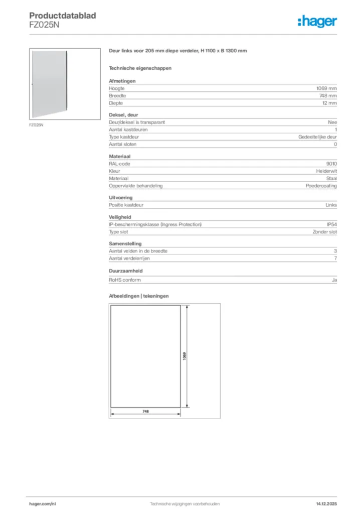 Afbeelding Hager Productdatablad FZ025N | Hager Nederland