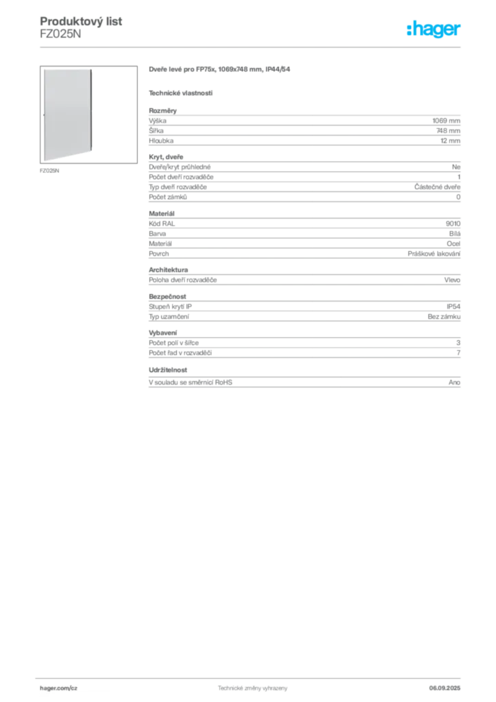 Obrázek Hager Produktový list FZ025N | Hager