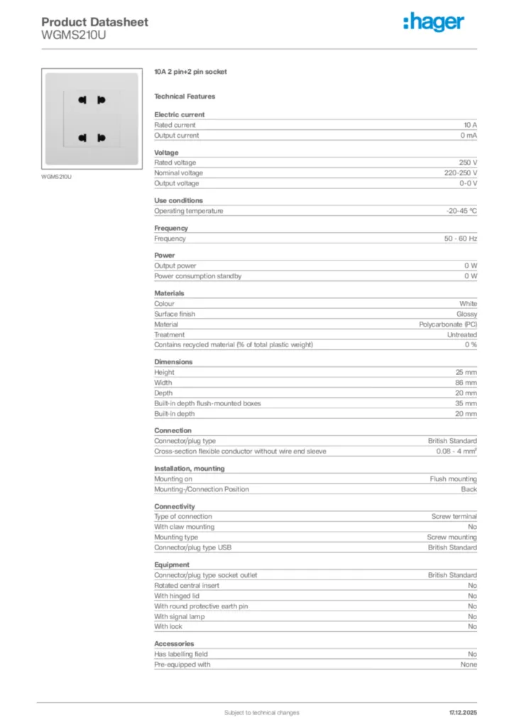 Image Hager Product data sheet WGMS210U  | Hager Africa