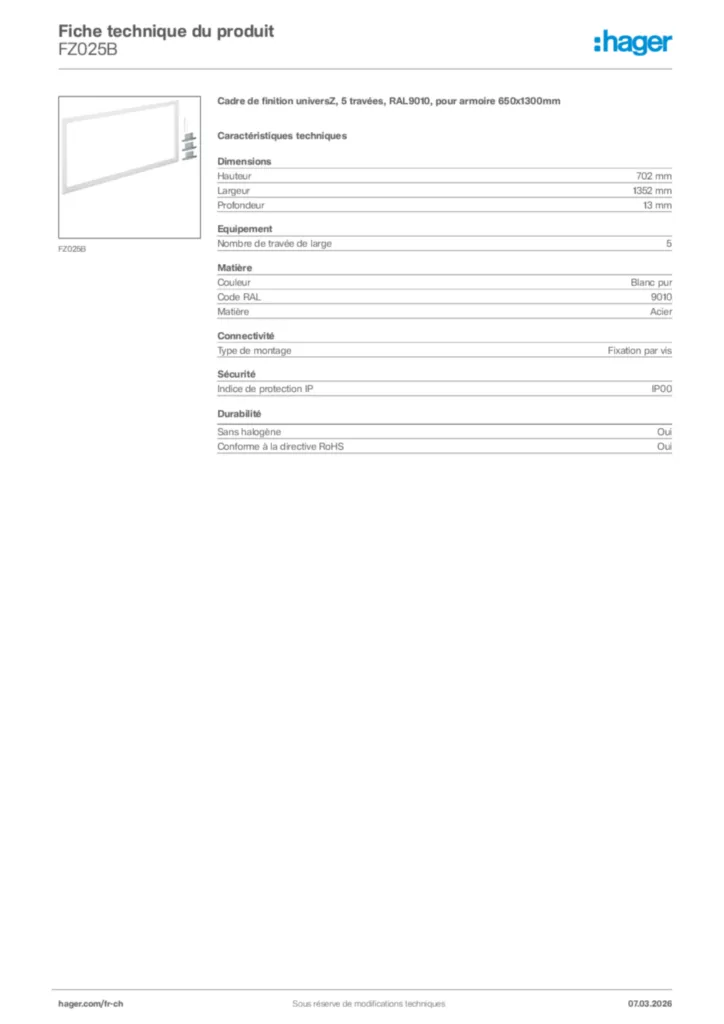 Image Hager Fiche technique du produit FZ025B | Hager Suisse
