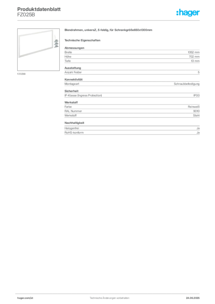 Bild Hager Produktdatenblatt FZ025B | Hager Deutschland