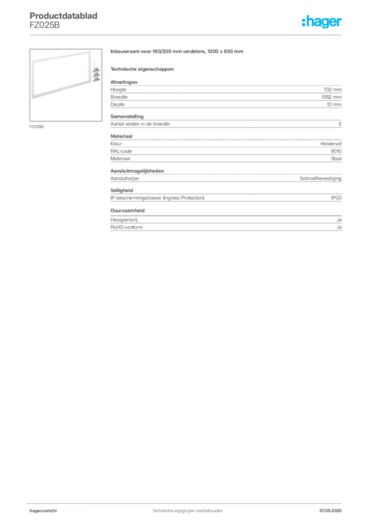 Afbeelding Hager Productdatablad FZ025B | Hager Nederland