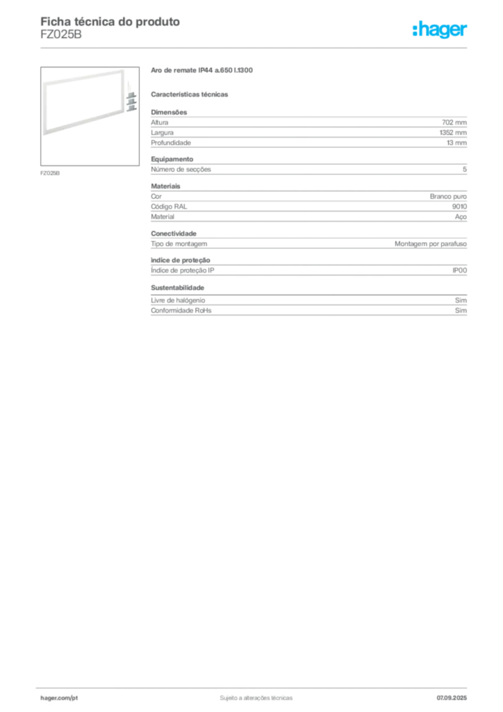 Imagem Hager Ficha técnica do produto FZ025B | Hager Portugal