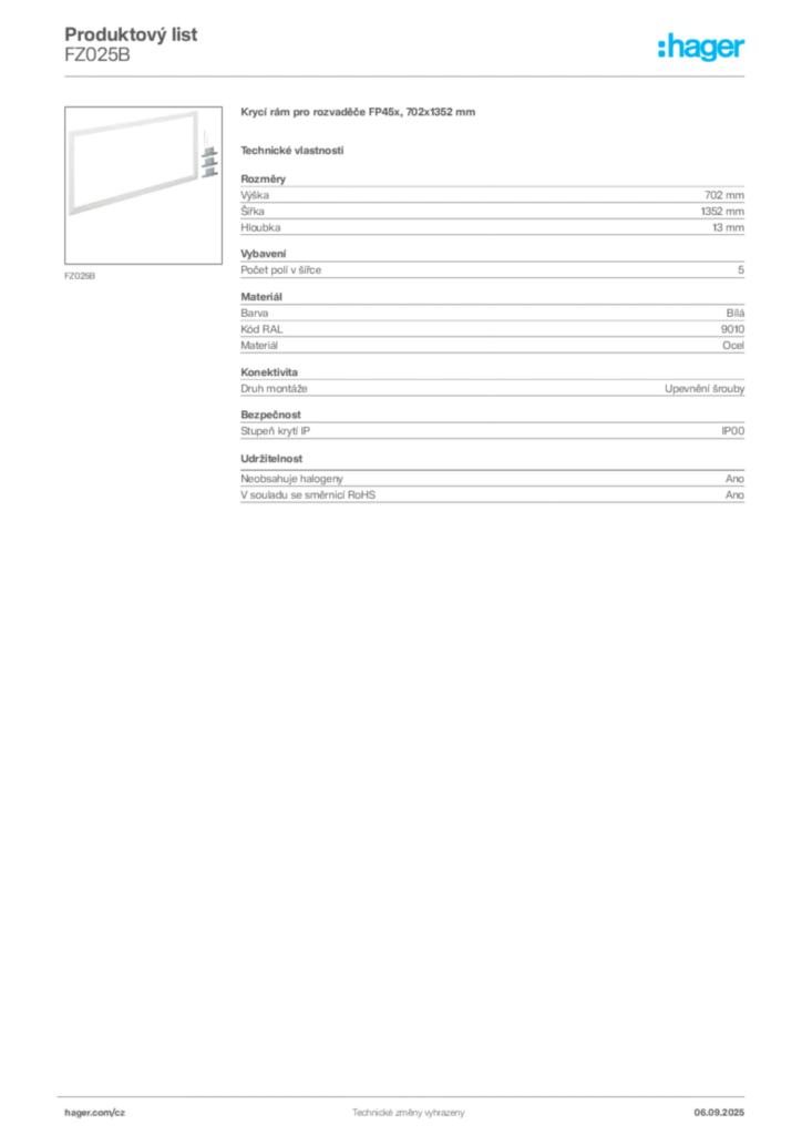 Obrázek Hager Produktový list FZ025B | Hager