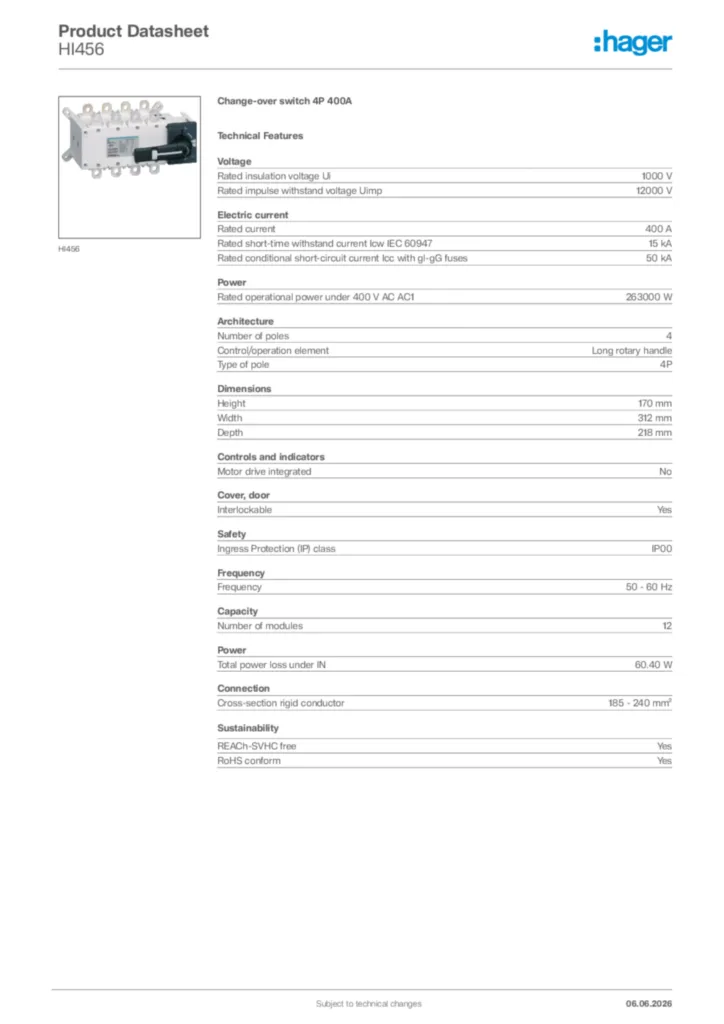 Image Hager Product data sheet HI456  | Hager Africa