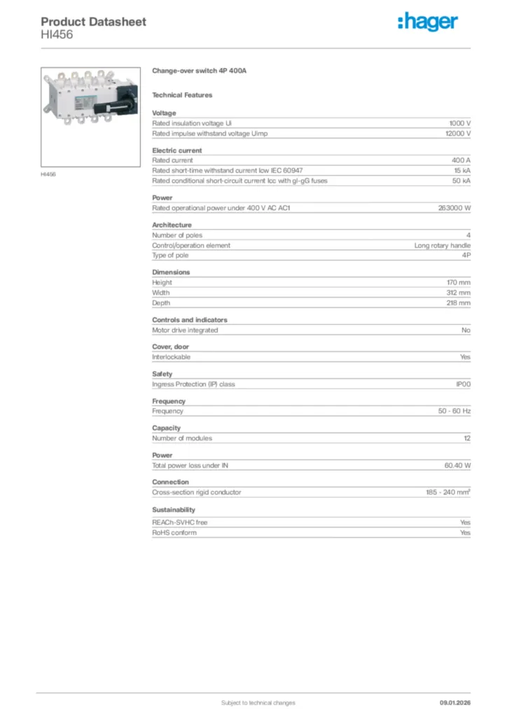 Image Hager Product data sheet HI456  | Hager Africa