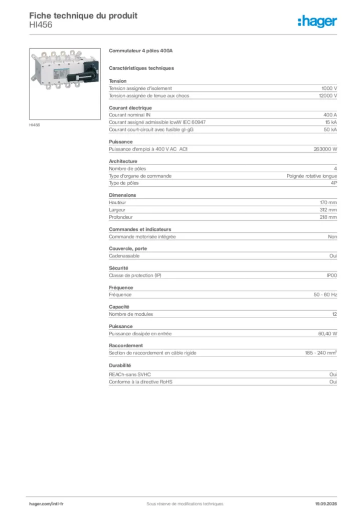 Image Hager Fiche technique du produit HI456 | Hager Afrique