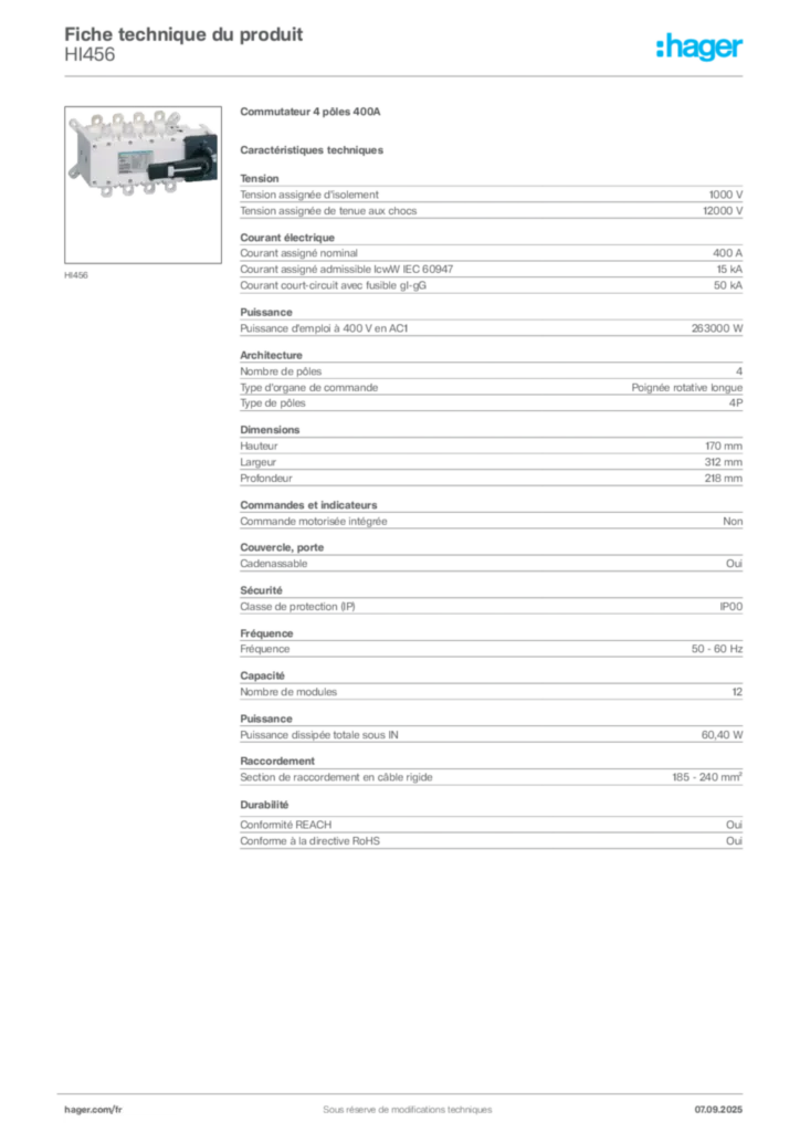 Image Hager Fiche technique du produit HI456 | Hager France