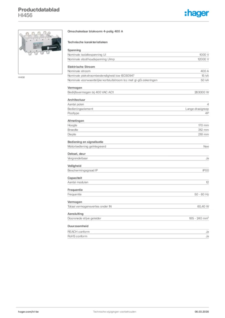Afbeelding Hager Productdatablad HI456 | Hager Belgium