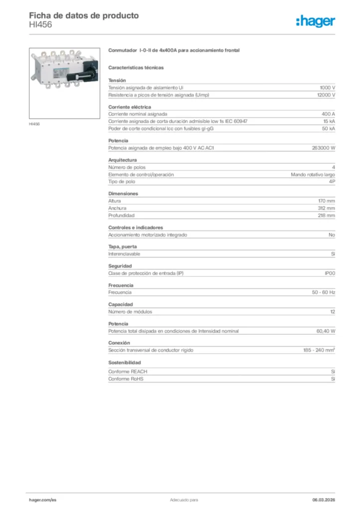 Imagen Hager Ficha de datos de producto HI456 | Hager España