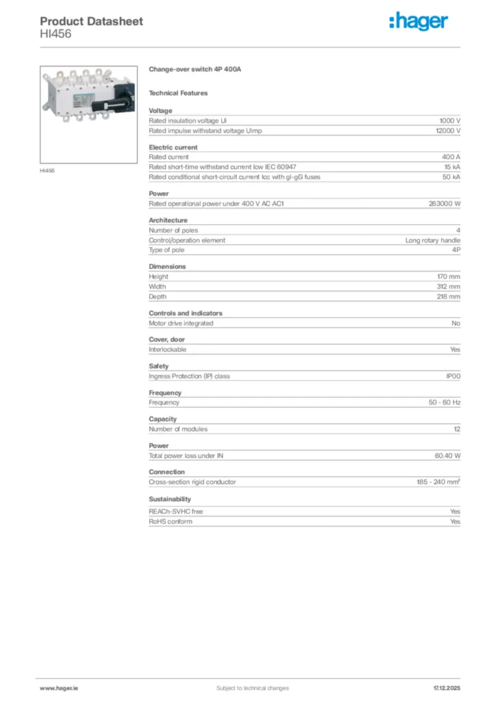 Image Hager Product data sheet HI456  | Hager