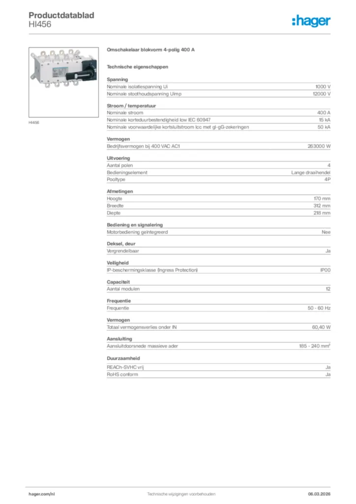 Afbeelding Hager Productdatablad HI456 | Hager Nederland