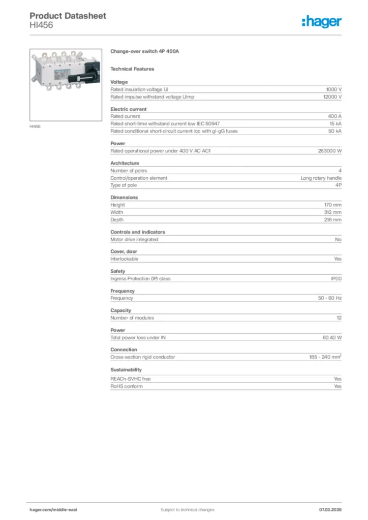 Image Hager Product data sheet HI456  | Hager