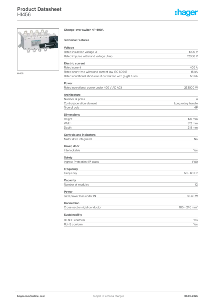 Image Hager Product data sheet HI456  | Hager
