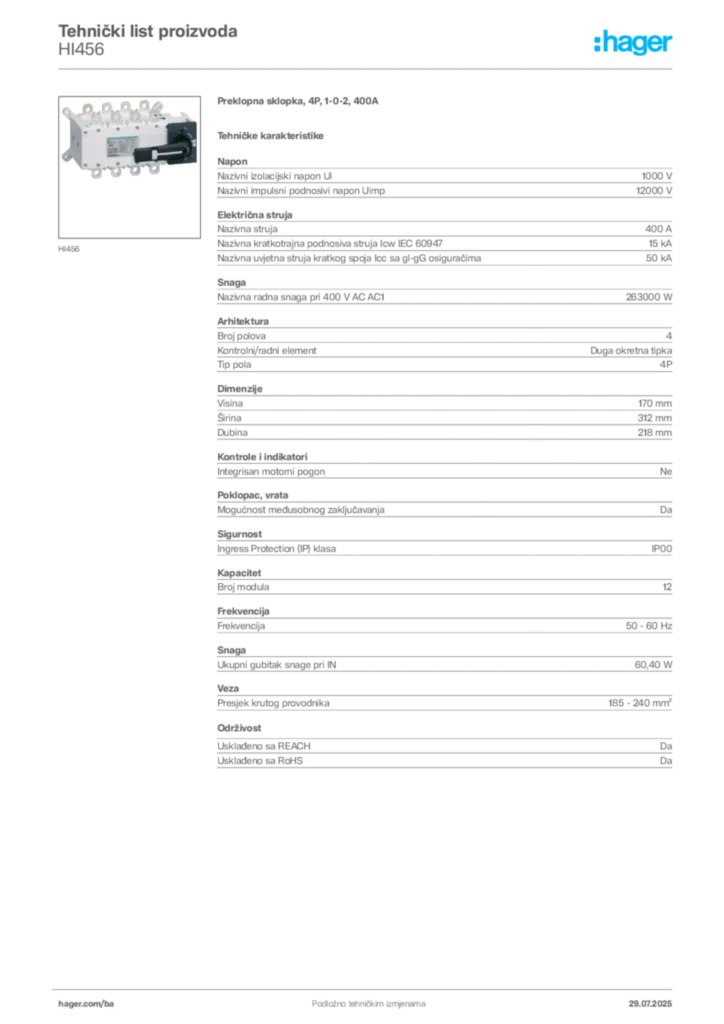 Slika Hager Product data sheet HI456  | Hager