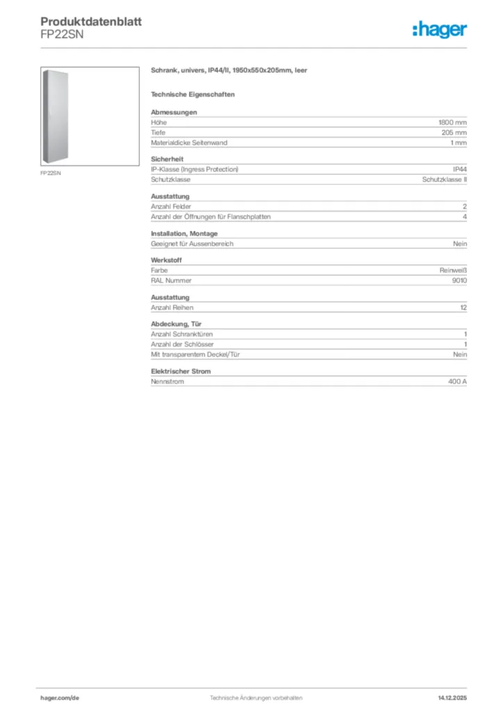 Bild Hager Produktdatenblatt FP22SN | Hager Deutschland