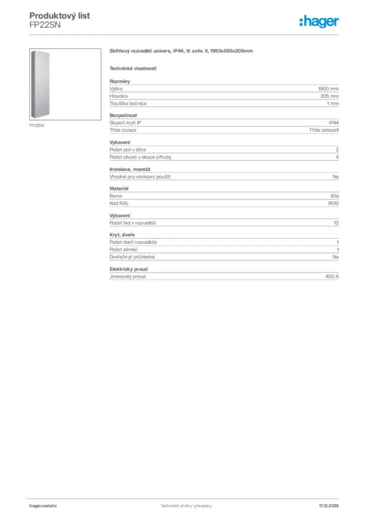 Obrázek Hager Produktový list FP22SN | Hager