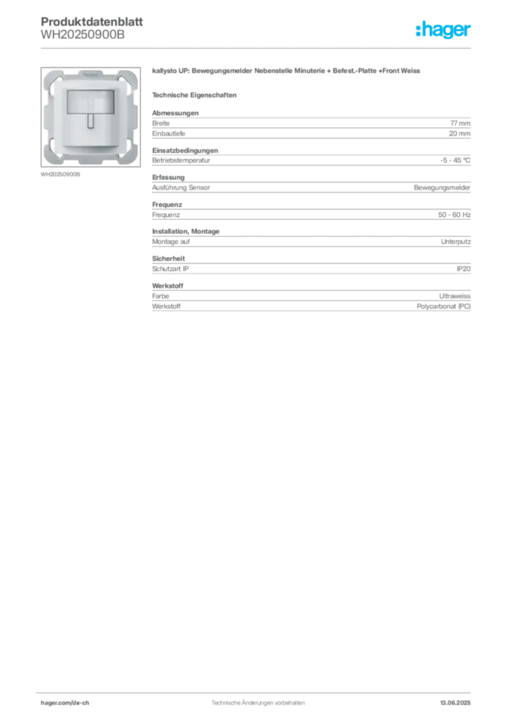 Bild Hager Produktdatenblatt WH20250900B | Hager Schweiz