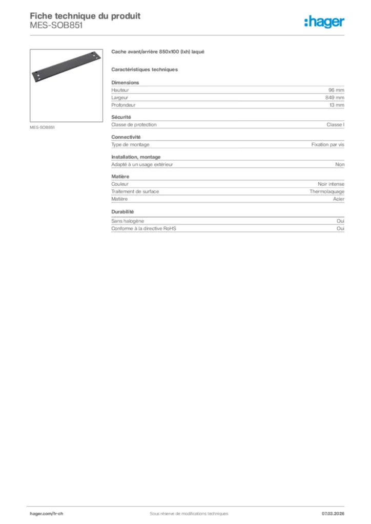 Image Hager Fiche technique du produit MES-SOB851 | Hager Suisse