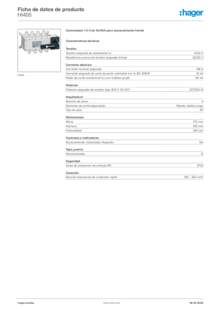 Imagen Hager Ficha de datos de producto HI455 | Hager España