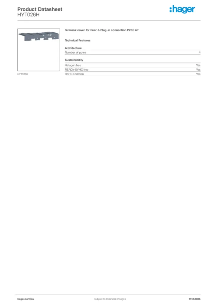 Image Hager Product data sheet HYT026H  | Hager Australia