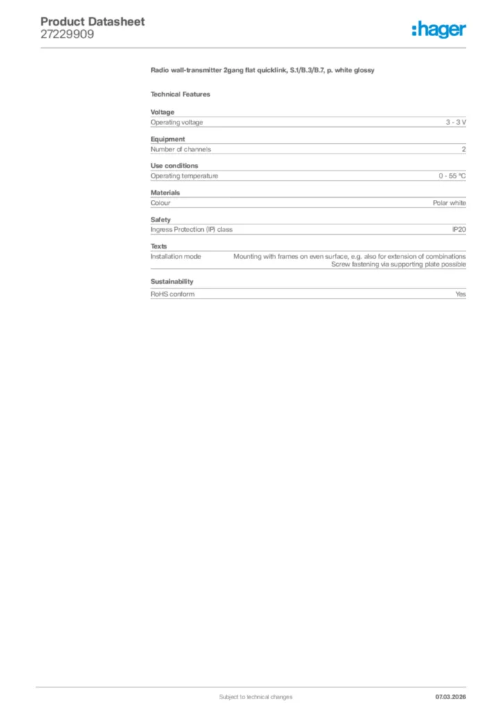 Image Hager Product data sheet 27229909  | Hager Africa