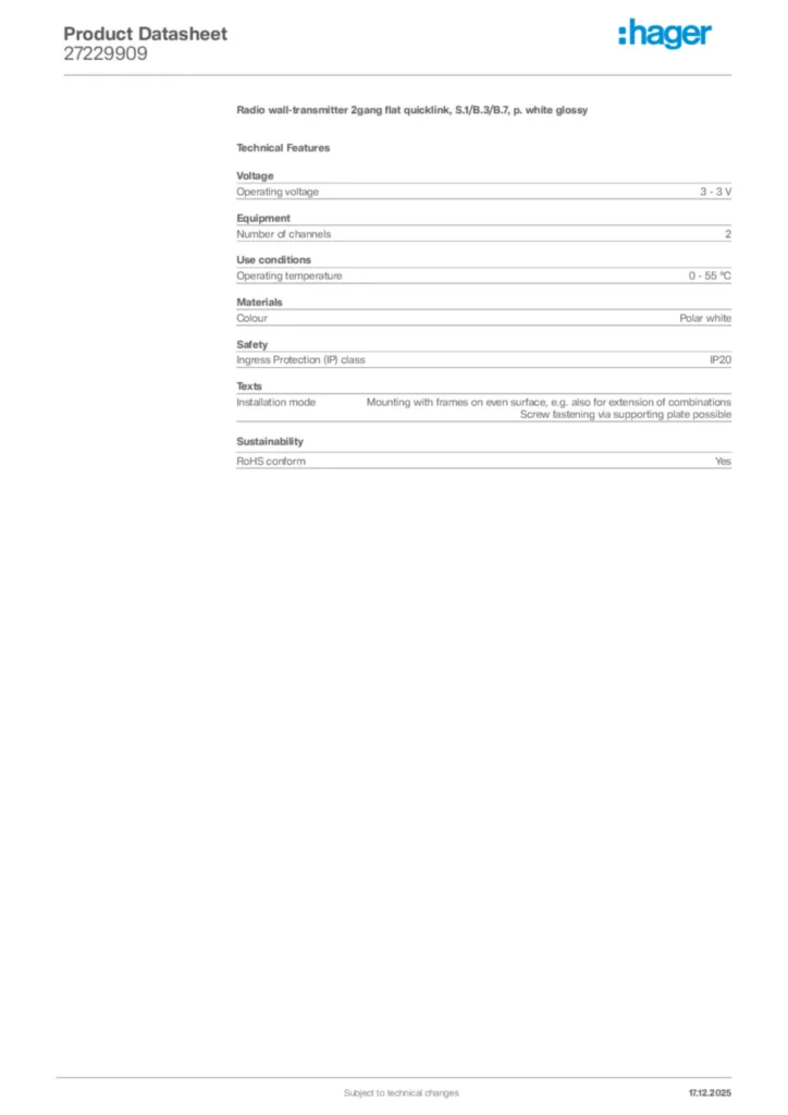 Image Hager Product data sheet 27229909  | Hager Africa