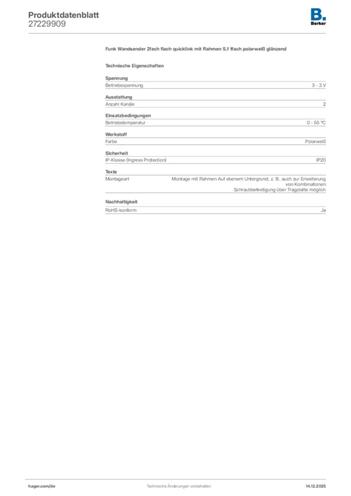 Bild Berker Produktdatenblatt 27229909 | Hager Deutschland