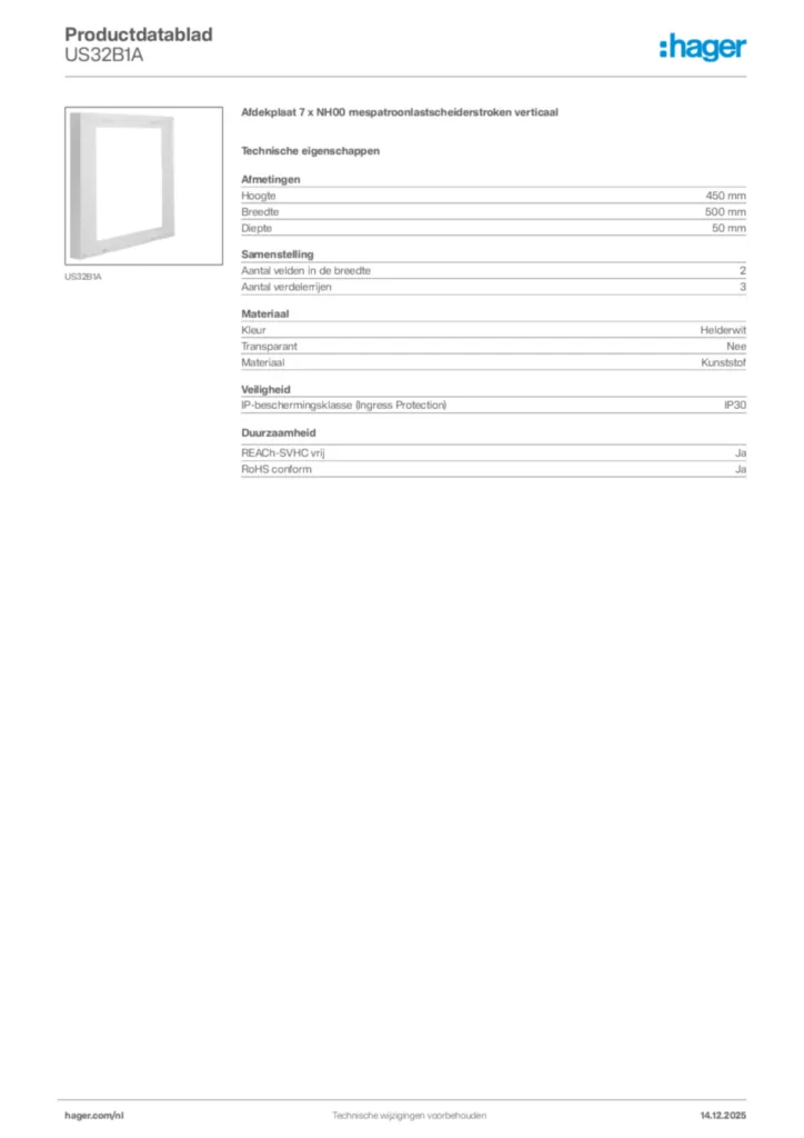 Afbeelding Hager Productdatablad US32B1A | Hager Nederland