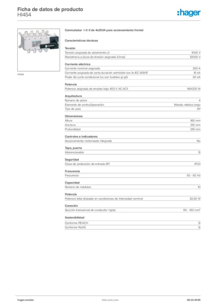 Imagen Hager Ficha de datos de producto HI454 | Hager España